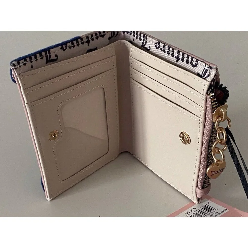Juicy Couture Retro Vibe Bifold Wallet Pull Out Card Case Regal‎ Blue Velour NEW